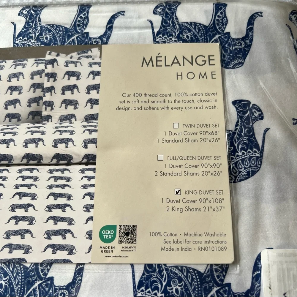 MELANGE HOME ELEPHANT PRINT 400 TC DUVET COVER AND 2 SHAMS NAVY/WHITE NWT